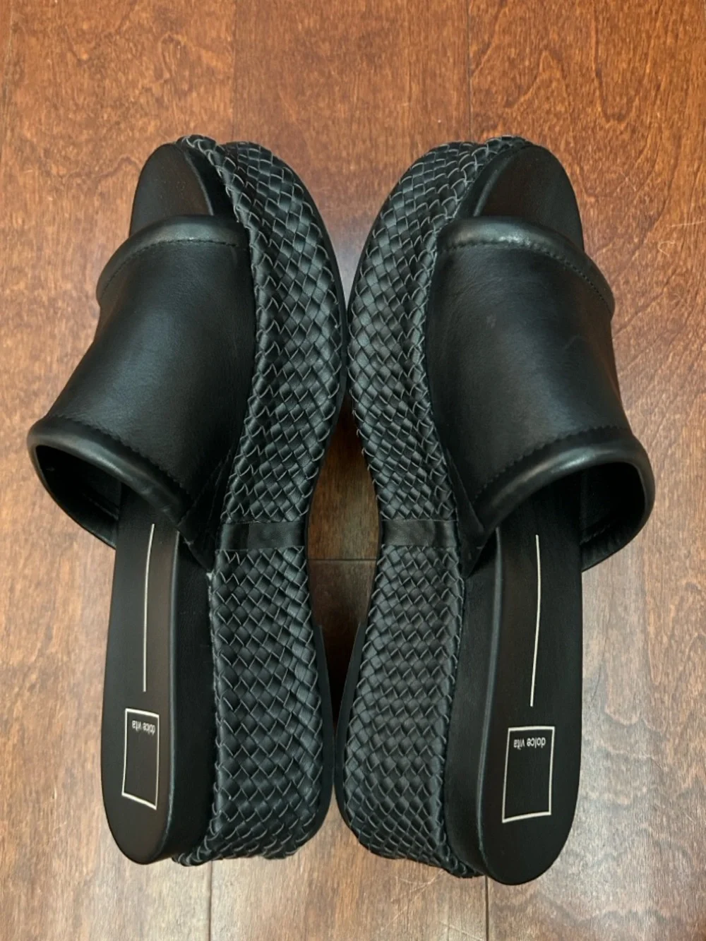 Dolce Vita Wimsyn Black Leather Platform Slide with Woven Platform, Size 8.5